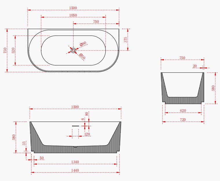 Accra Back to Wall Acrylic Bathtub with Ribb